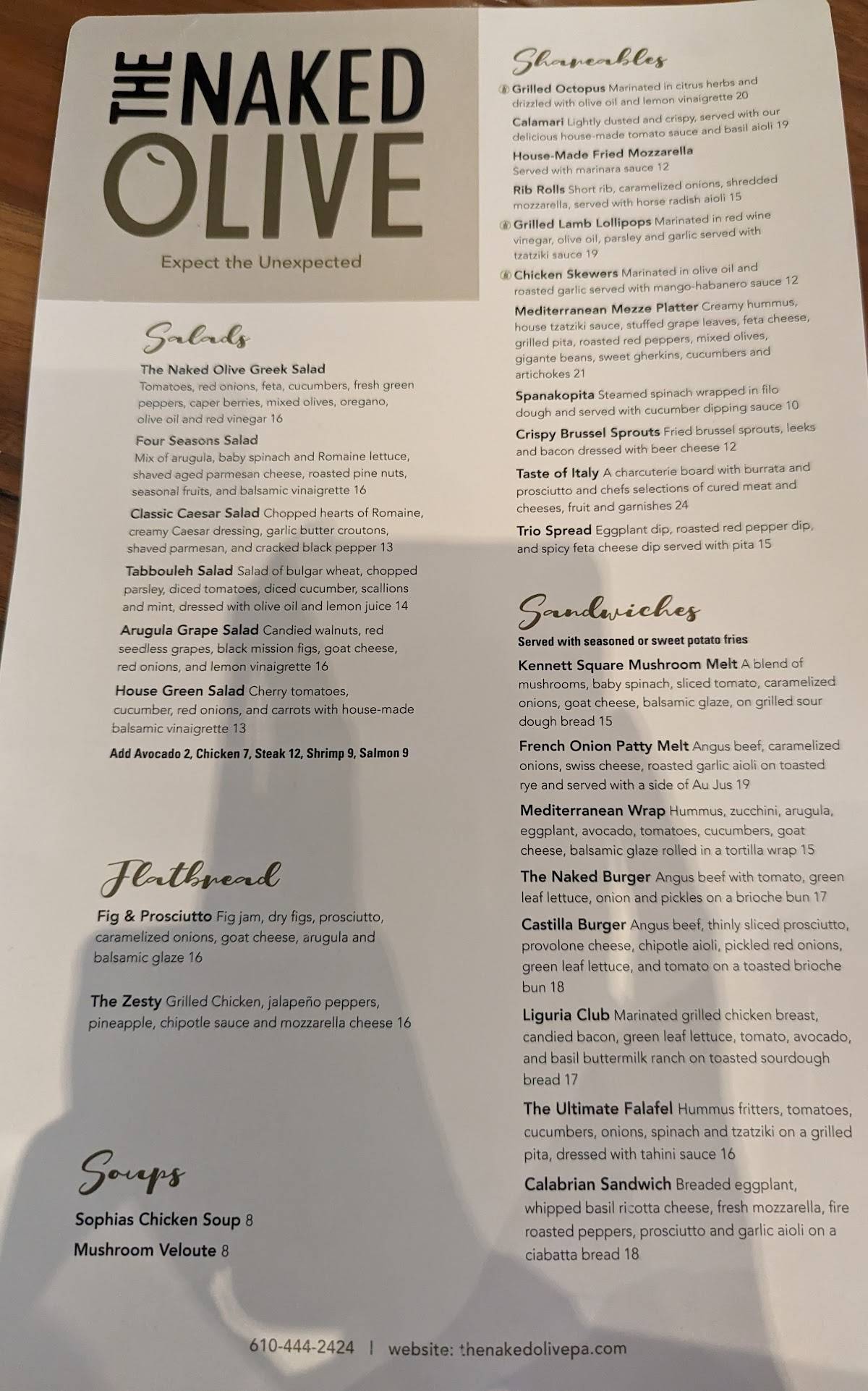 Menu at The Naked Olive restaurant, Kennett Square