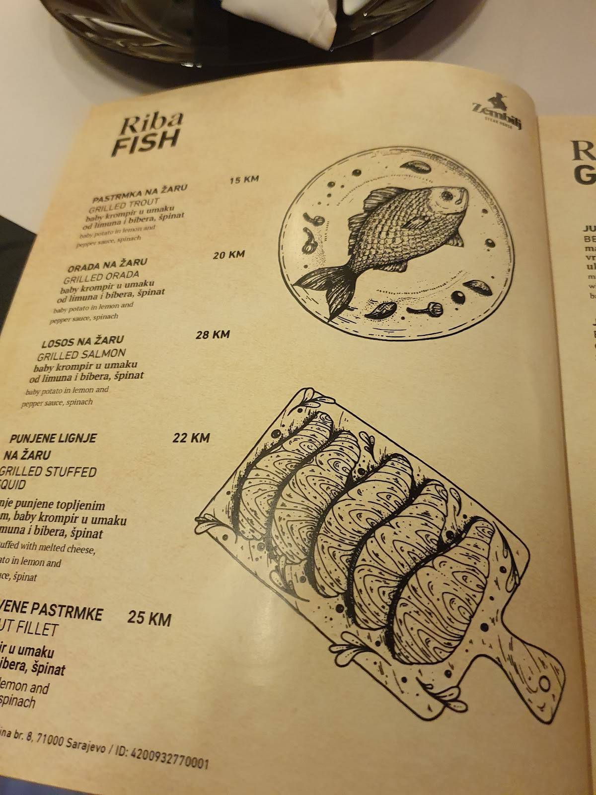 Menu at Zembilj Steak House restaurant, Sarajevo