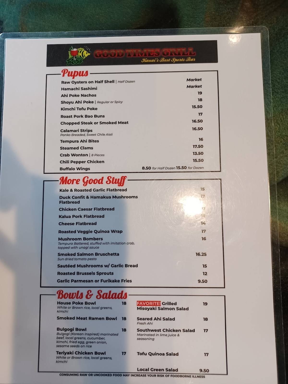 Menu at Rob's Good Times Grill pub & bar, Lihue