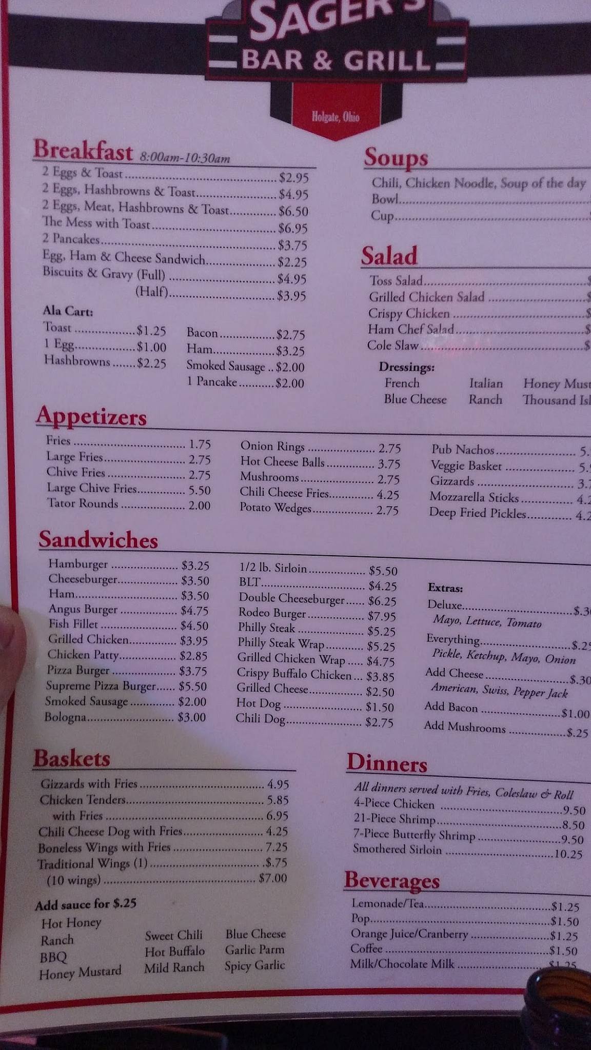 Menu at Sager's Bar and Grill, Holgate