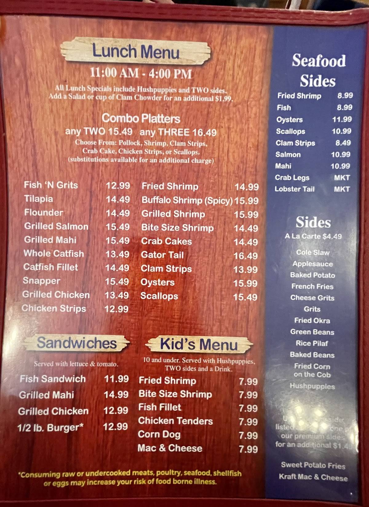 Menu at Sam's Crystal River Seafood of Macclenny restaurant, Macclenny