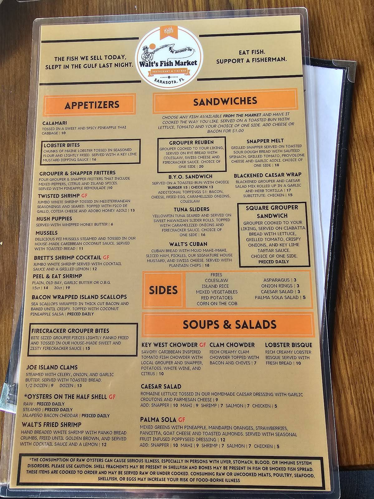 Menu at Walt's Fish Market Restaurant, Sarasota