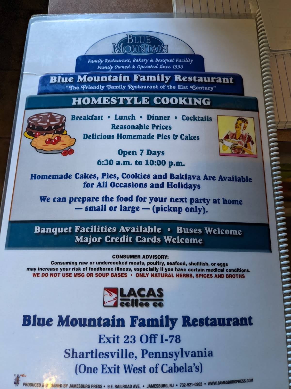 Menu at Blue Mountain Family Restaurant, Shartlesville, 24 Roadside Dr