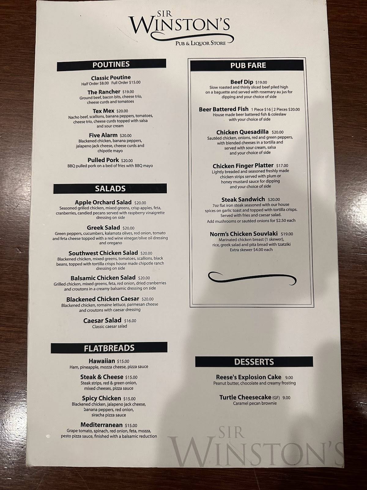 Menu at Sir Winston's Pub, Vernon