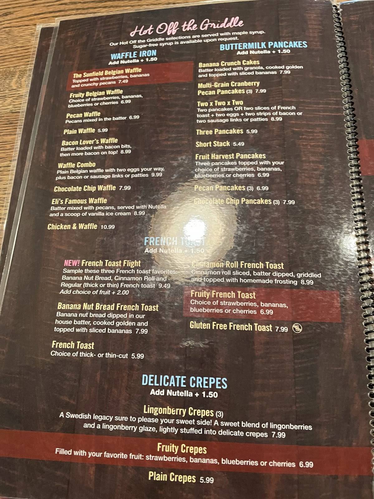 Menu at Sunfield Restaurant, Ottawa