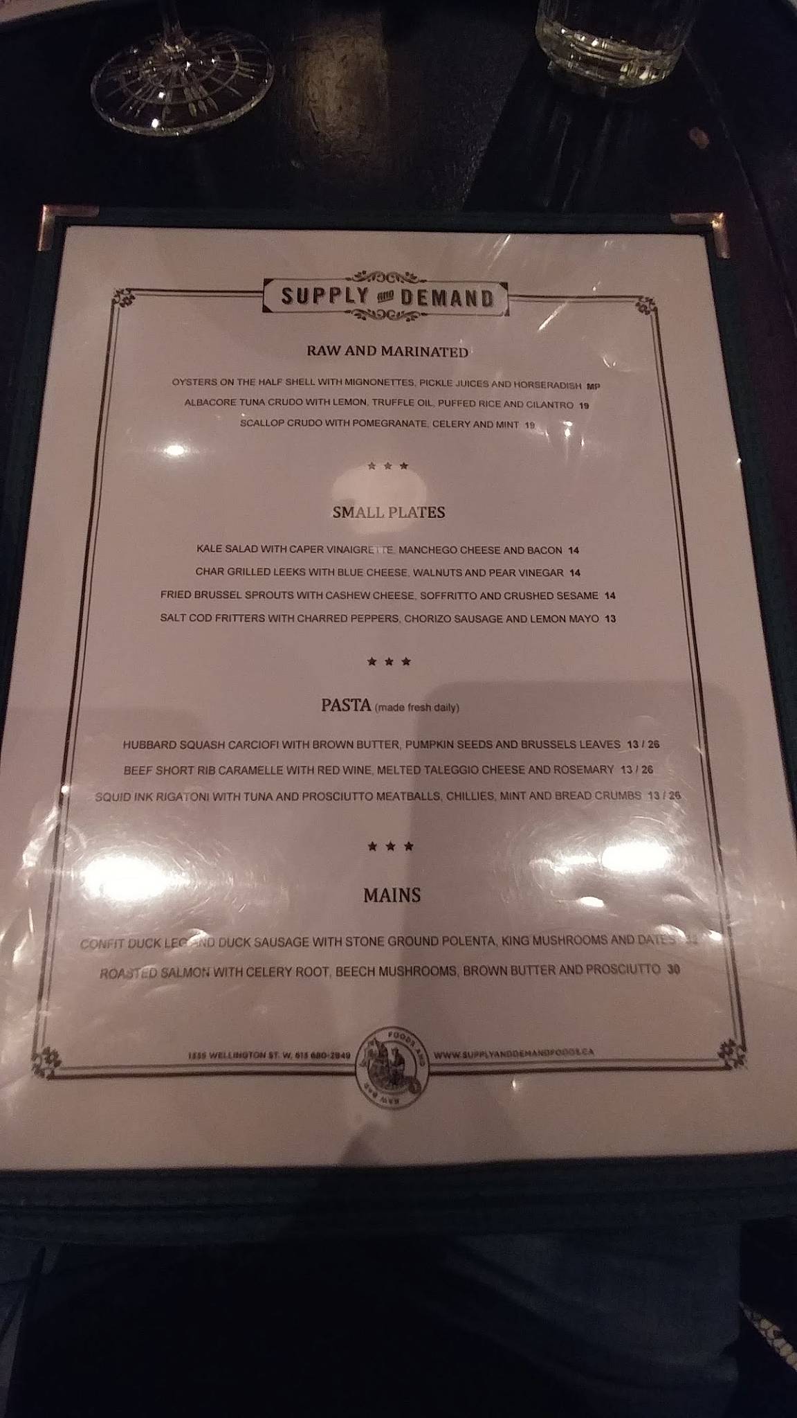 Menu at Supply and Demand restaurant, Ottawa
