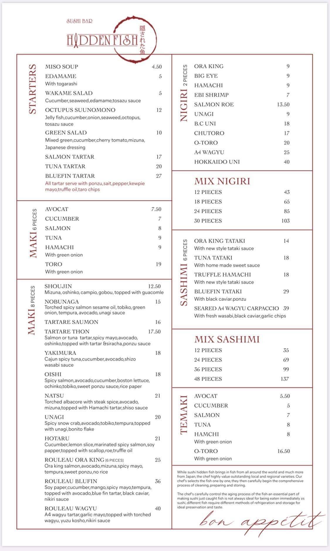 Menu at Sushi Hidden Fish restaurant, Montréal