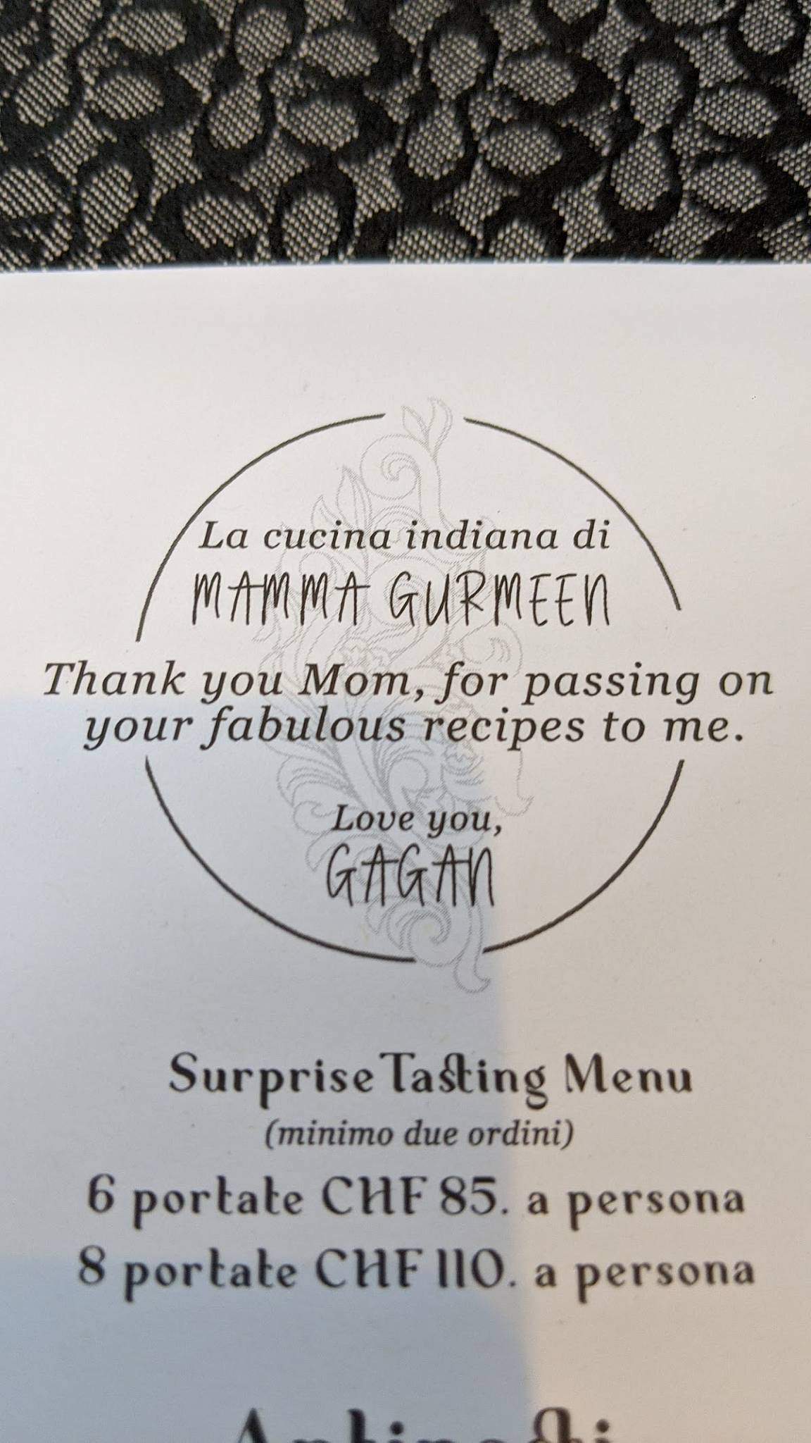 Menu da Tabla, Indian & Asian Cuisines, Collina d'Oro