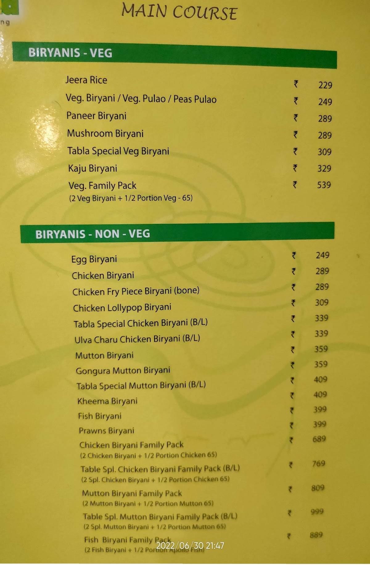 Menu at Tabla Restaurant & Banquet, Hyderabad, 2nd Floor