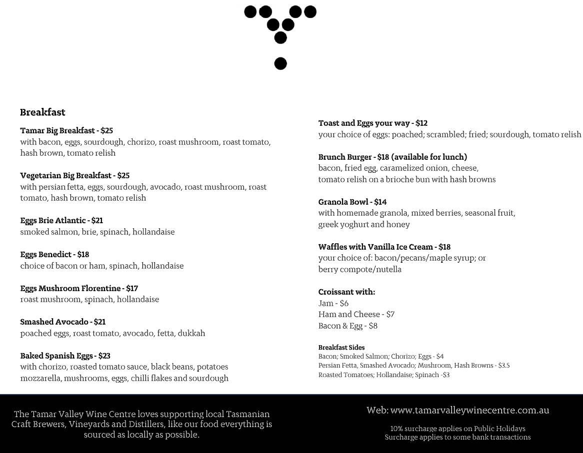 Menu at Tamar Valley Wine Centre restaurant, Exeter