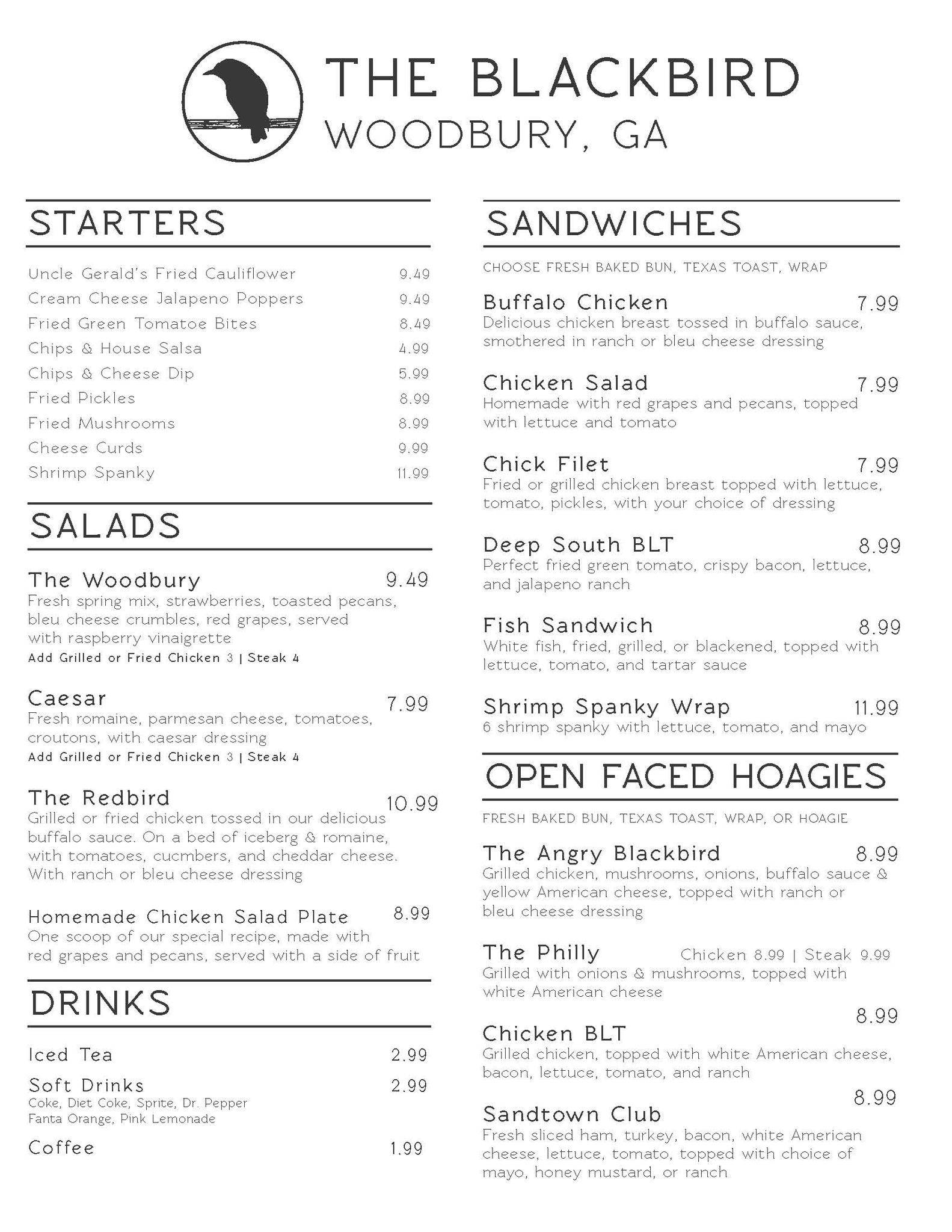 Menu at The Blackbird Cafe, Woodbury