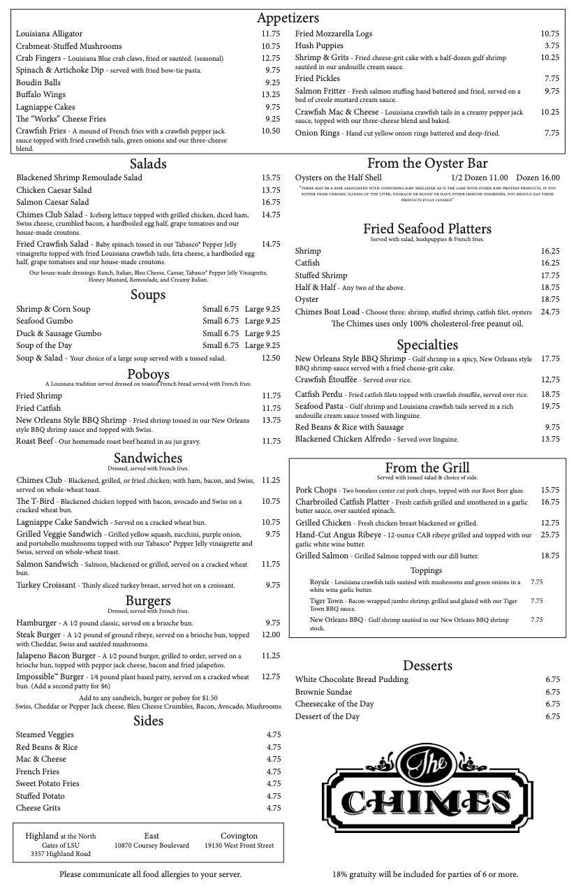 Menu at The Chimes pub & bar, Baton Rouge