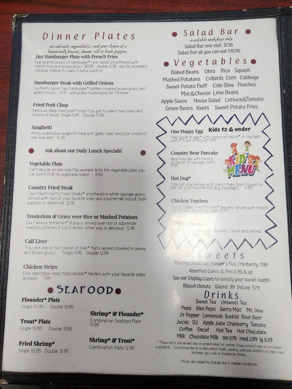 Menu at The Country Biscuit restaurant, New Bern