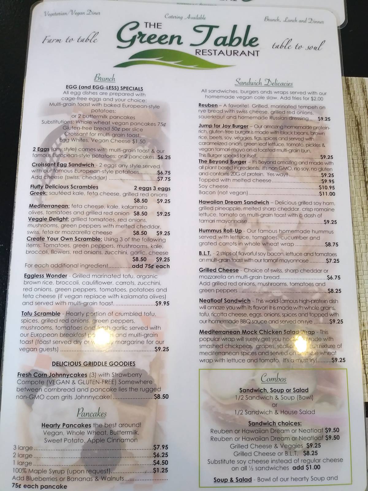Menu at The Green Table restaurant, Palm Harbor
