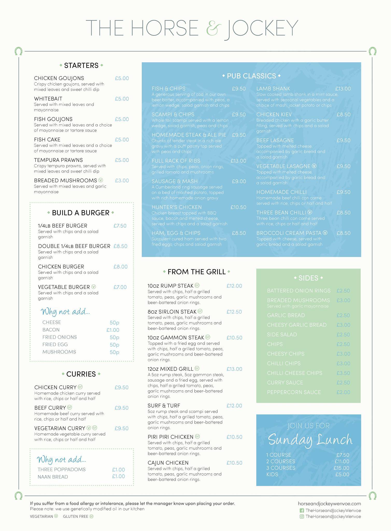 Menu at The Horse & Jockey pub & bar, Cardiff