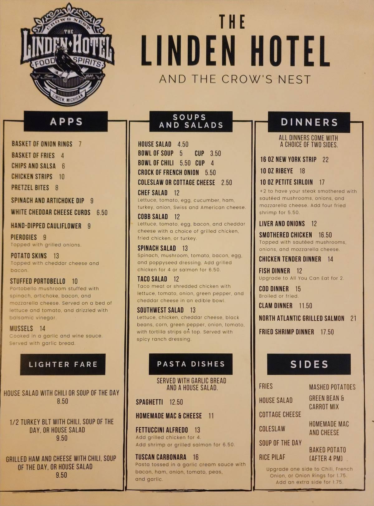 Menu at The Linden Hotel pub & bar, Linden
