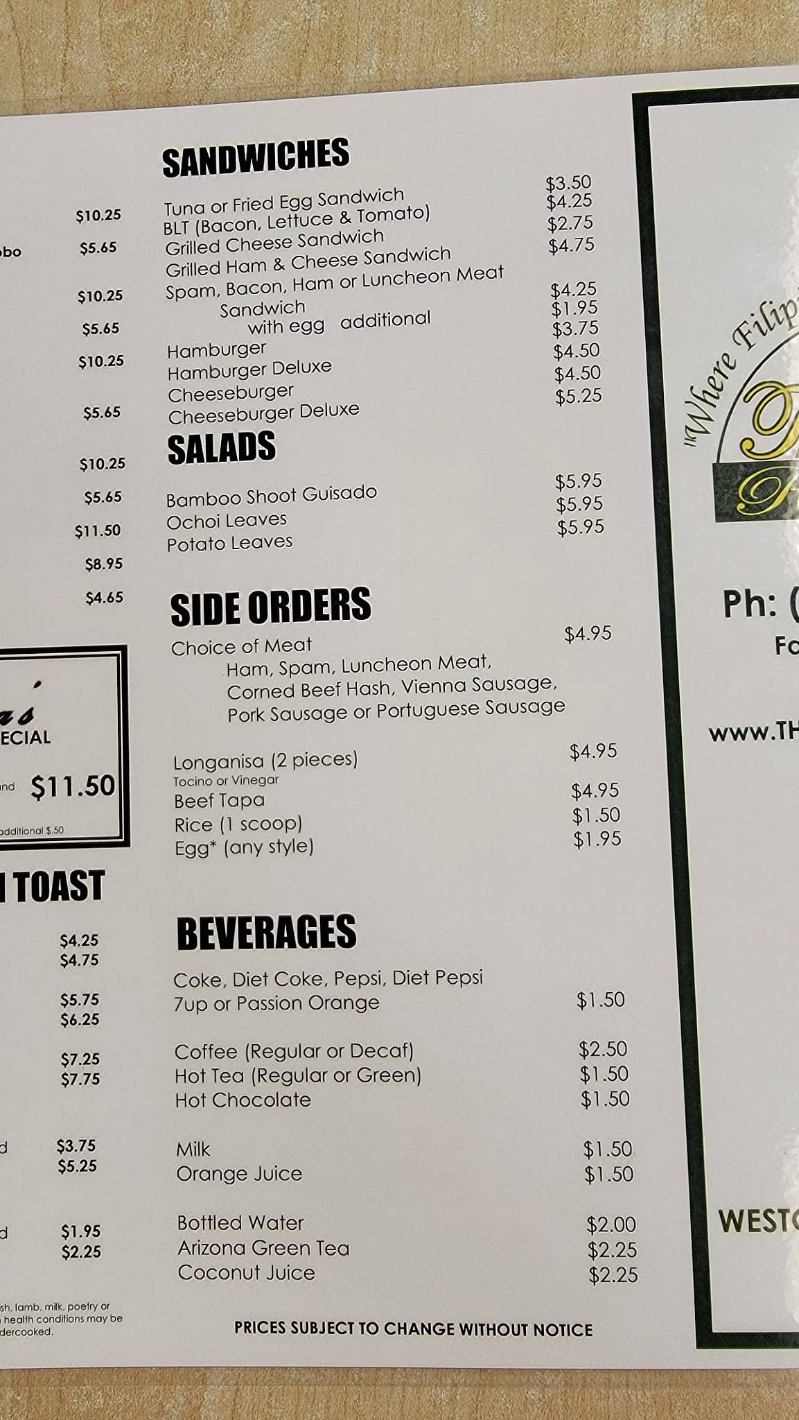 Menu at Thelma's Restaurant, Waipahu