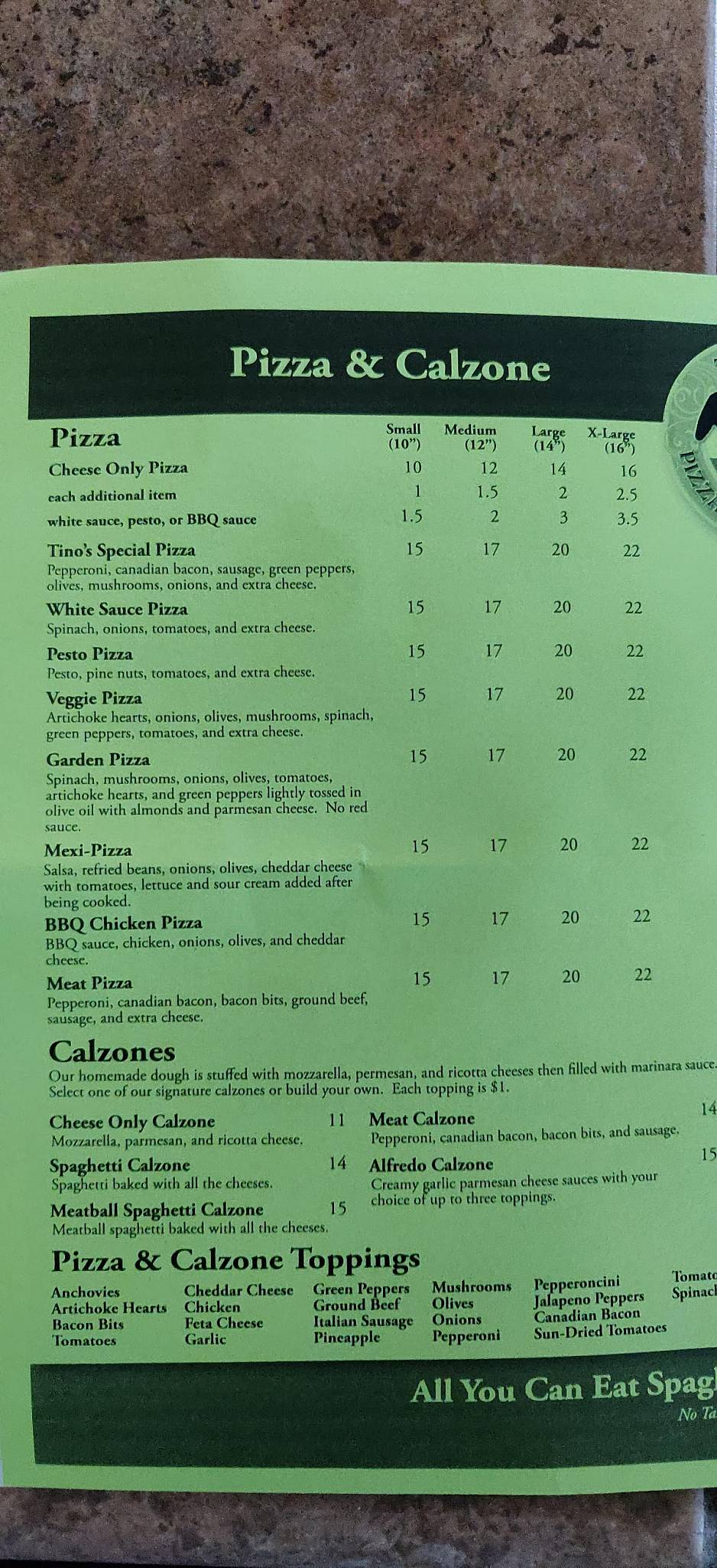 Menu at Tino’s Pizza & Pasta Co. pizzeria, Sudden Valley