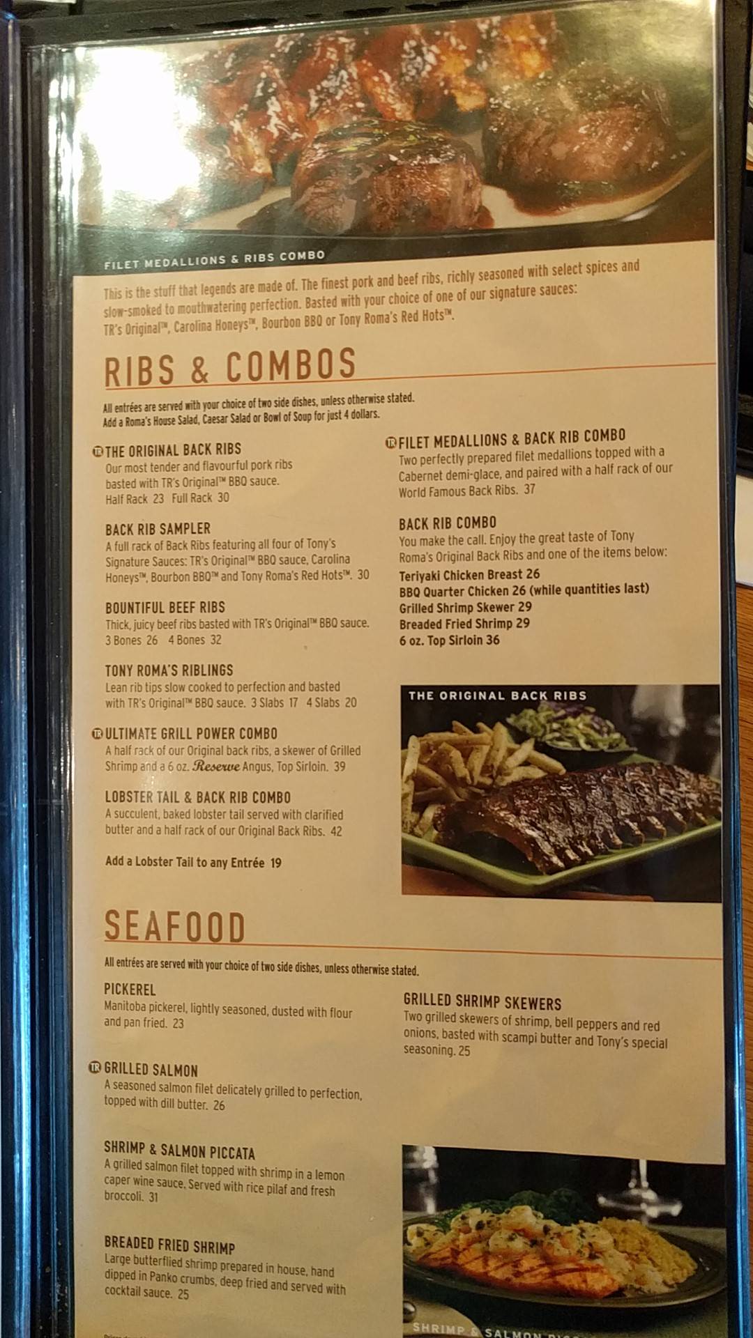 Menu at Tony Roma's restaurant, Winnipeg, 656 St James St