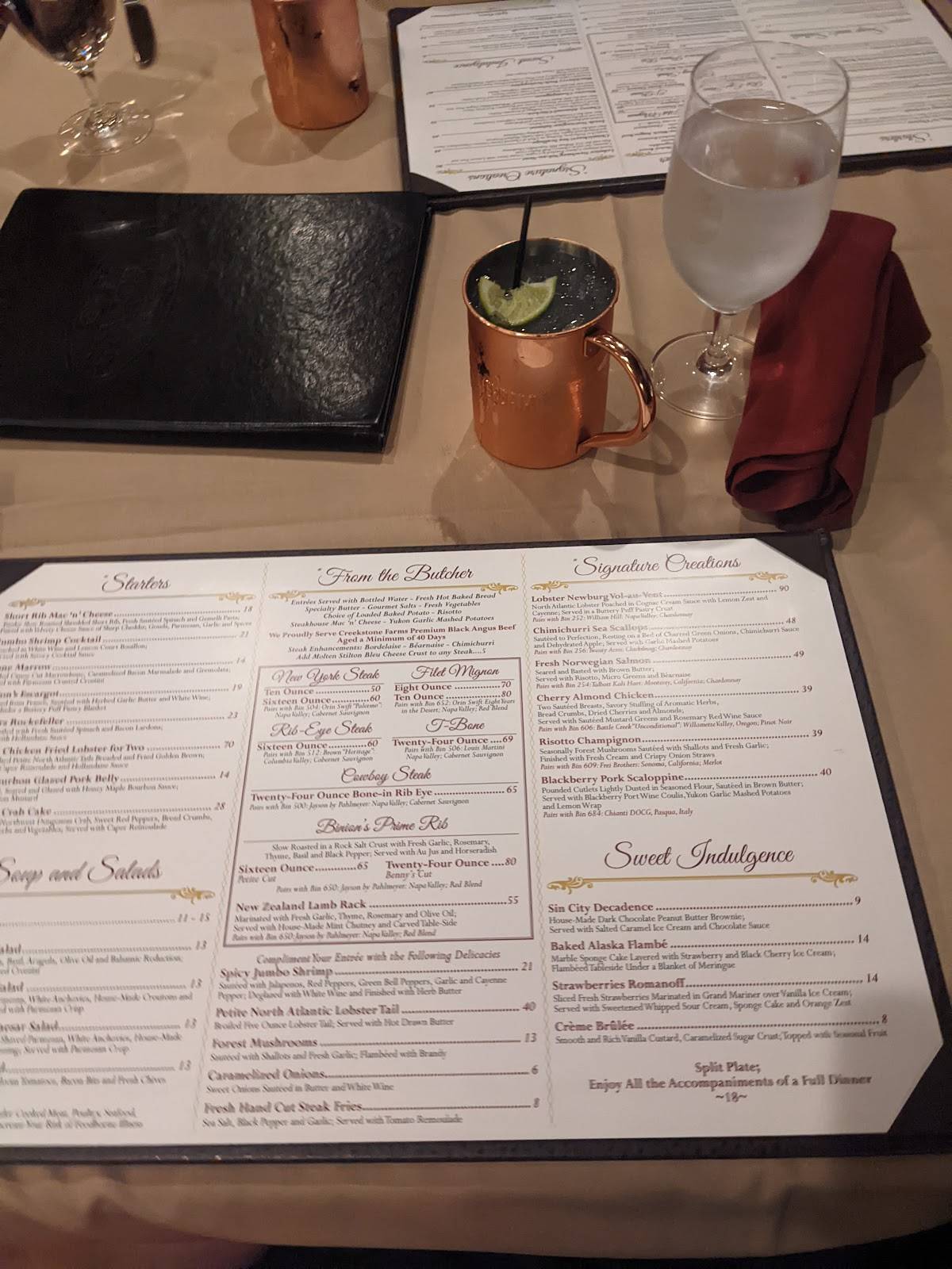 Menu at Top Of Binion's Steakhouse, Las Vegas