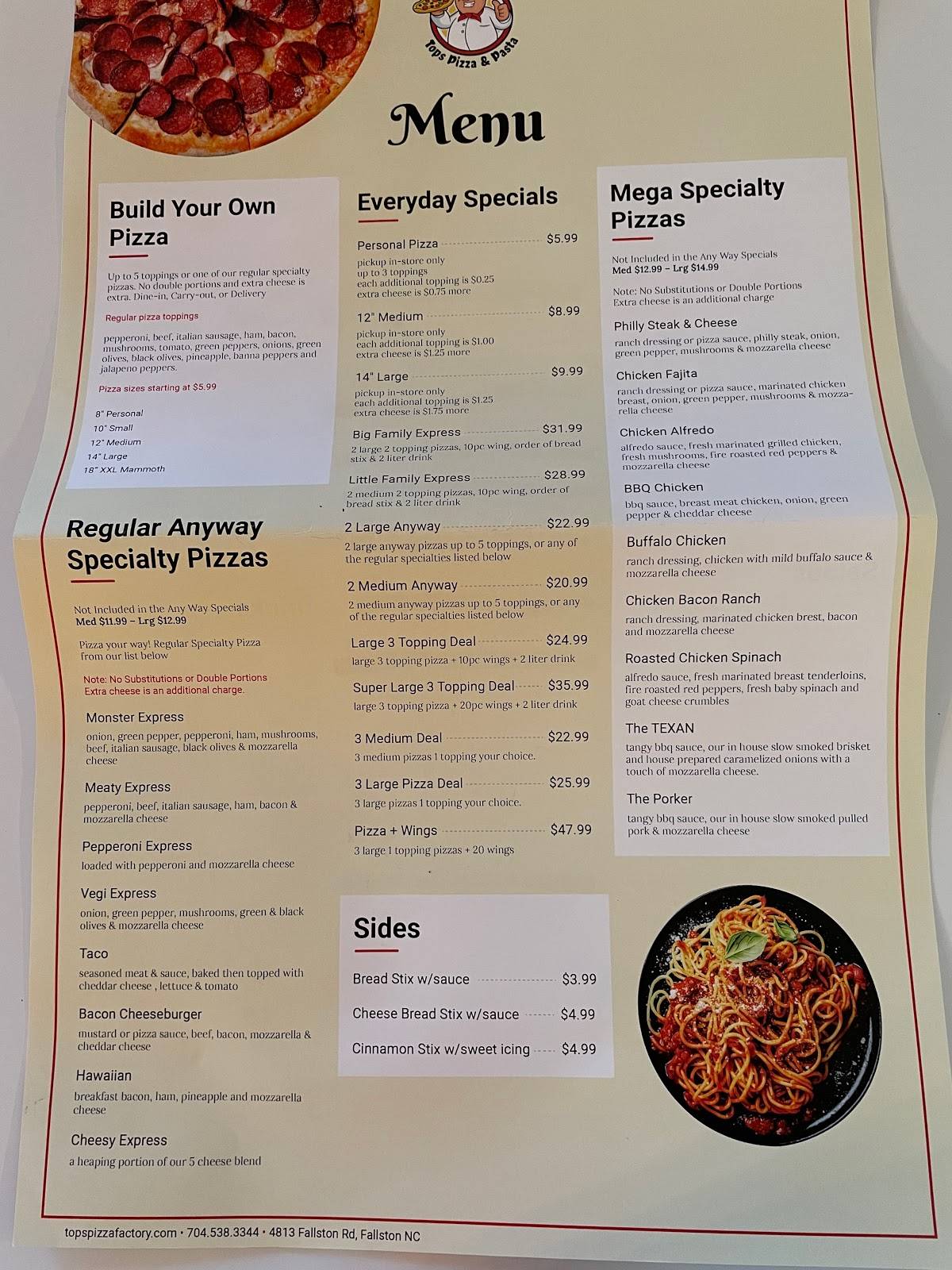 Menu at Tops Pizza & Pasta pizzeria, Fallston, Fallston Rd