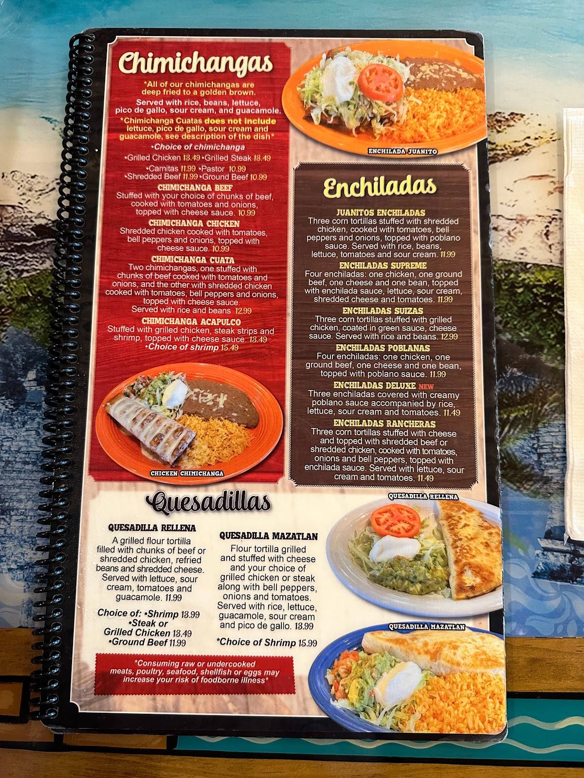 Menu at Tulum restaurant, Plover