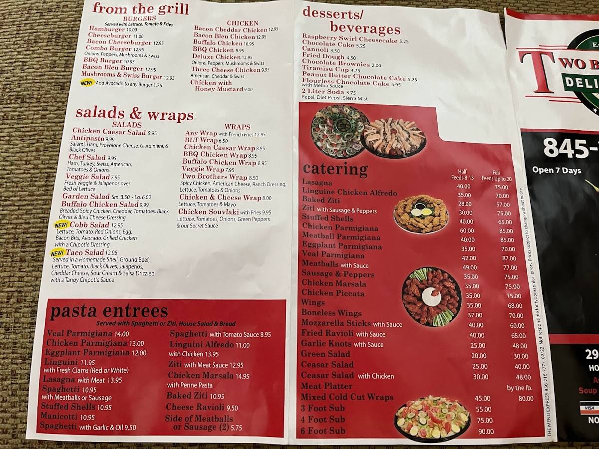 Menu at Two Brothers Deli & Pizza pizzeria, Saugerties