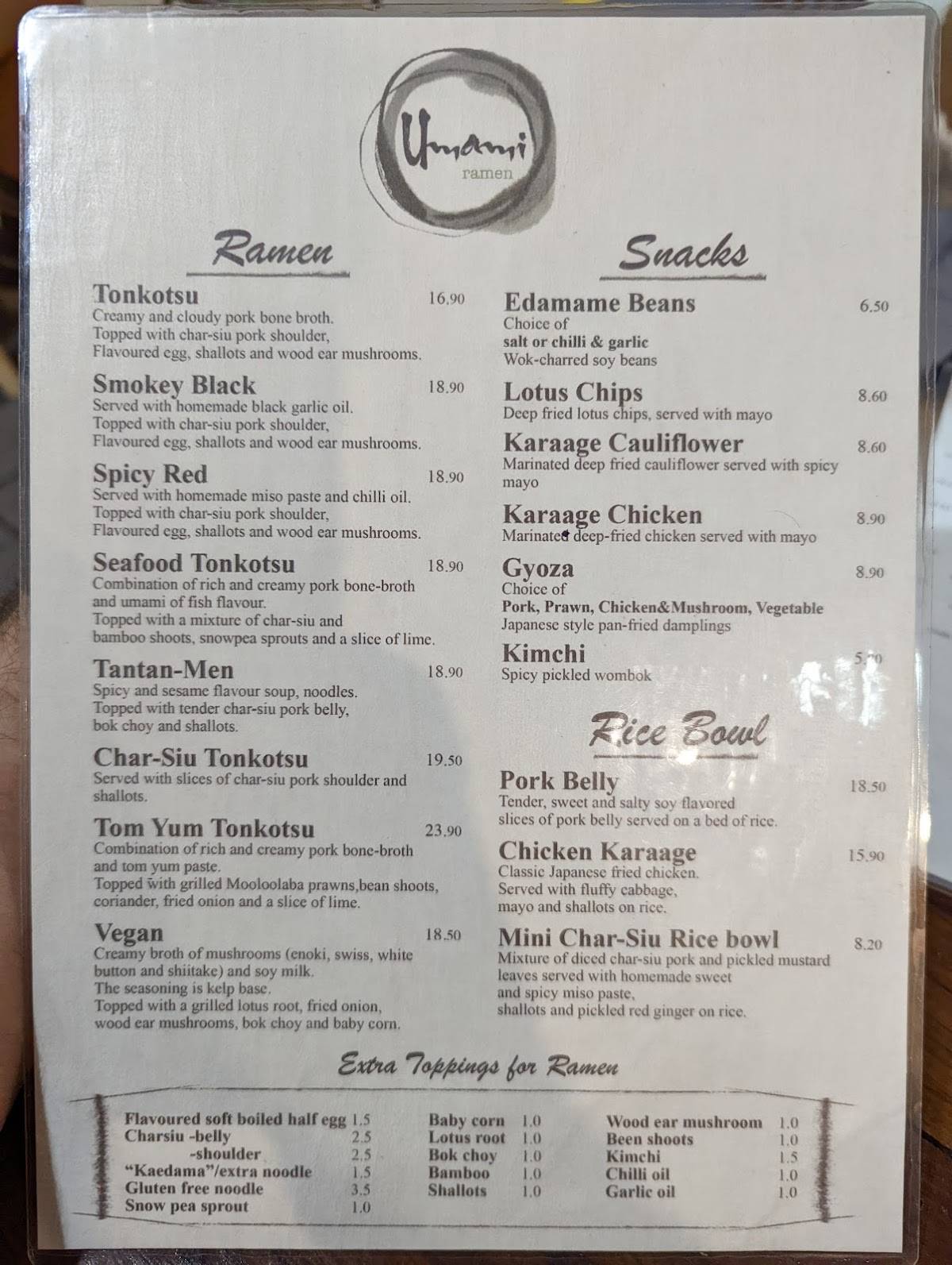 Menu at Umami Ramen restaurant, Maroochydore