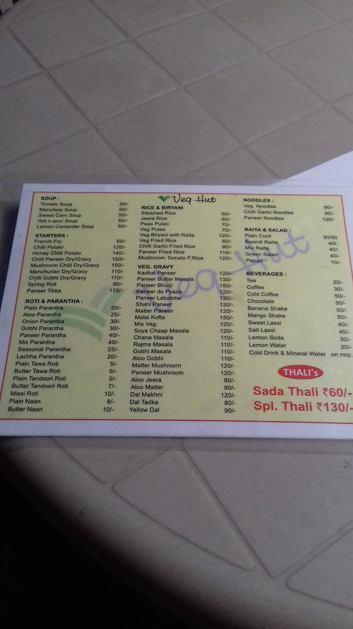 Menu at Veg Hut, Gurugram, opposite Ramada Hotel