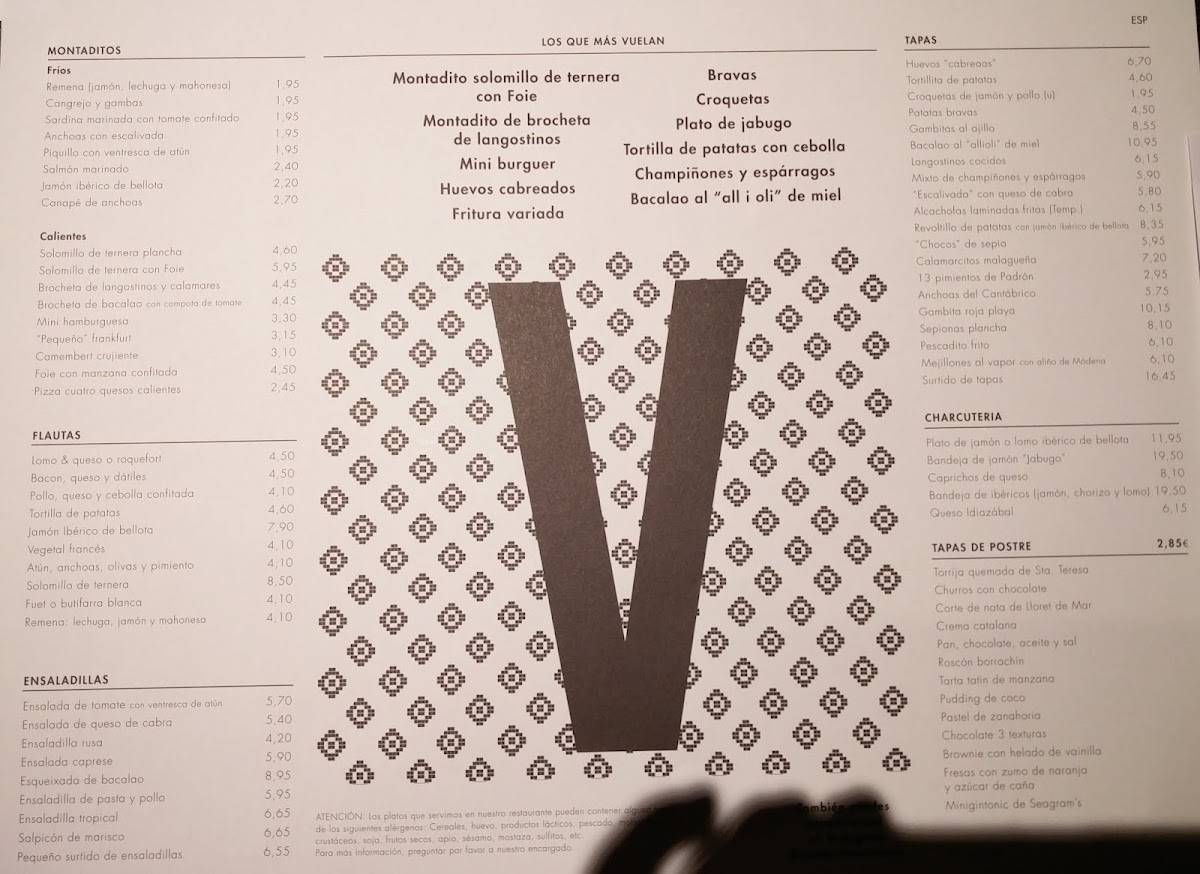 Menu at Vinitus pub & bar, Barcelona, C/ del Consell de Cent