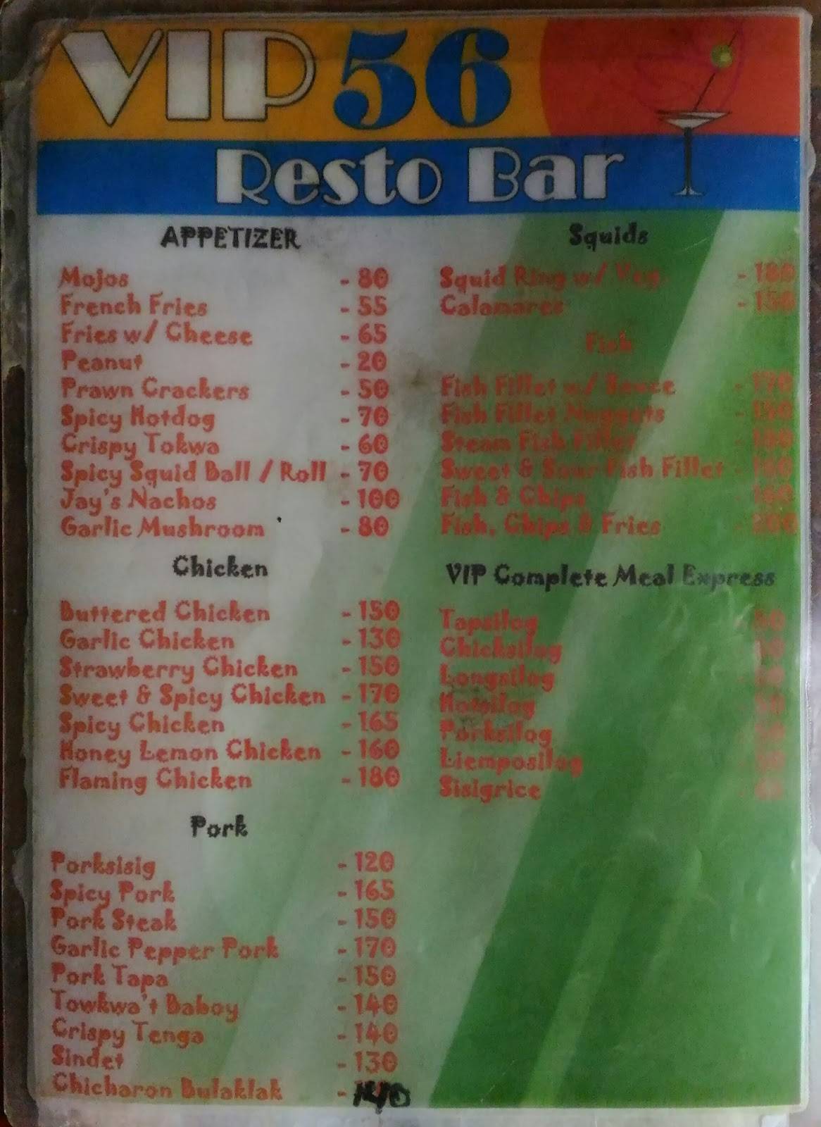 Menu at Vip Resto Bar, San Pablo City
