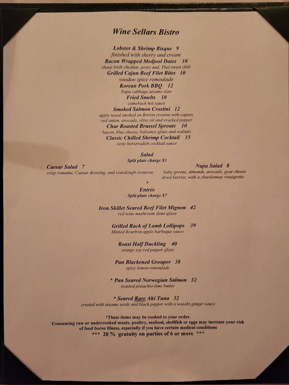 Menu at Wine Sellars Bistro pub & bar, Lexington