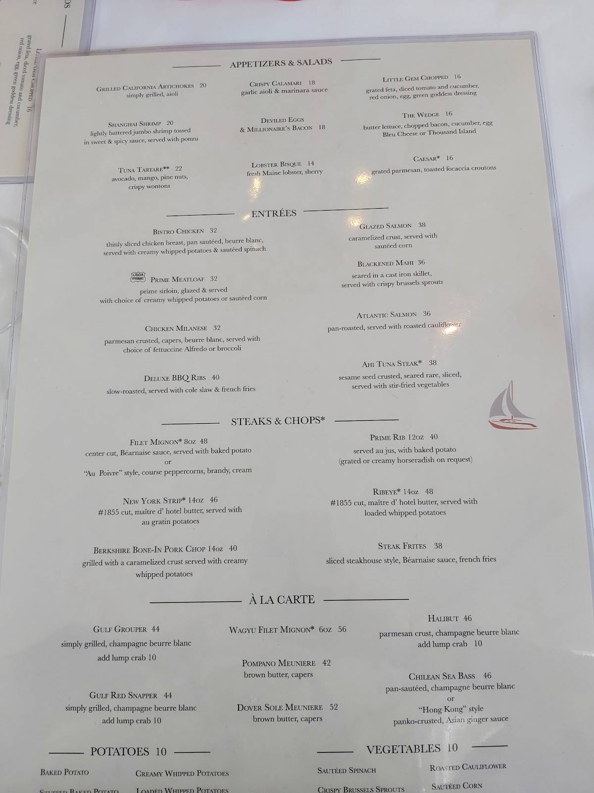 Menu at the River House restaurant, Palm Beach Gardens, PGA Boulevard