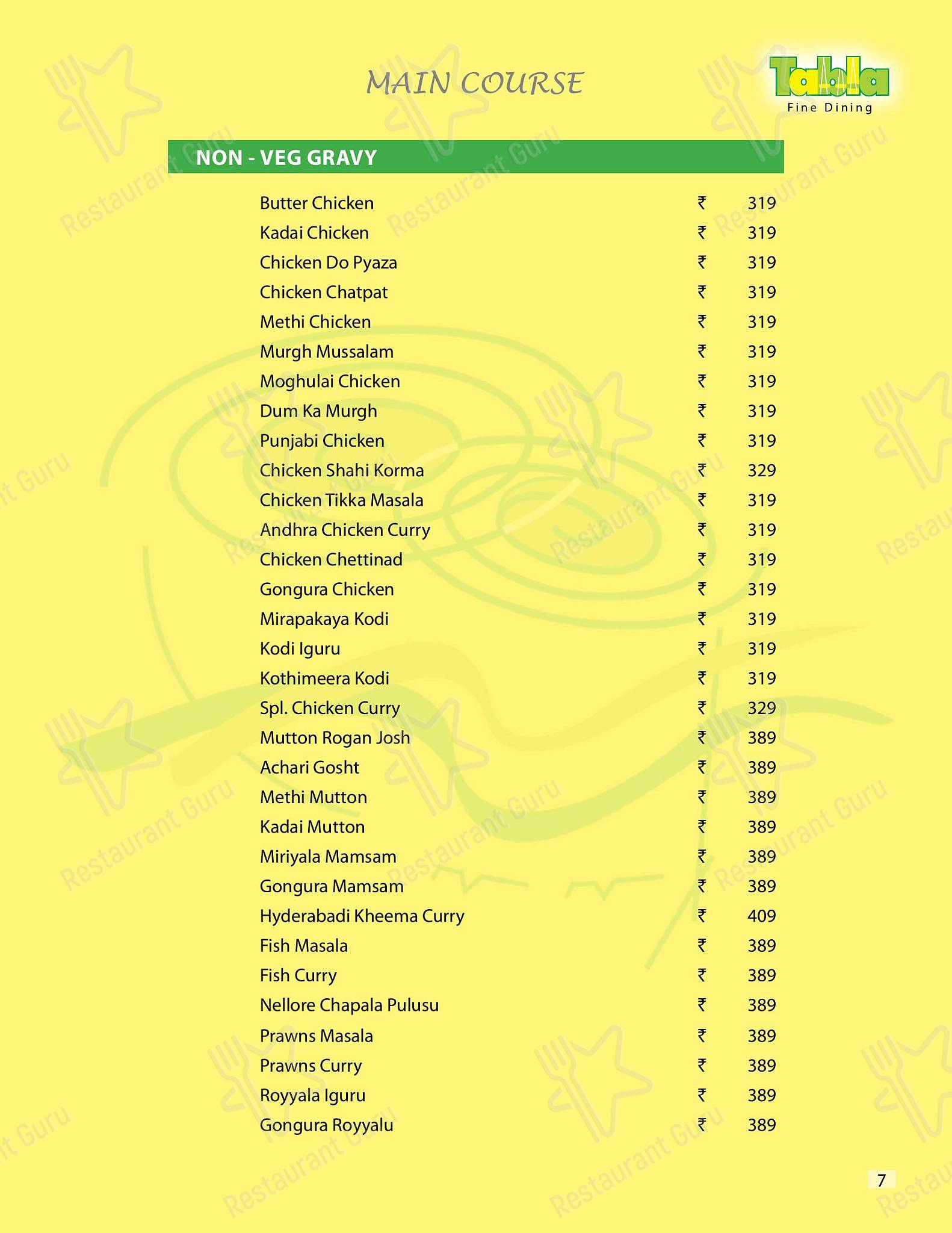 Menu at Tabla Restaurant & Banquet, Hyderabad, 2nd Floor