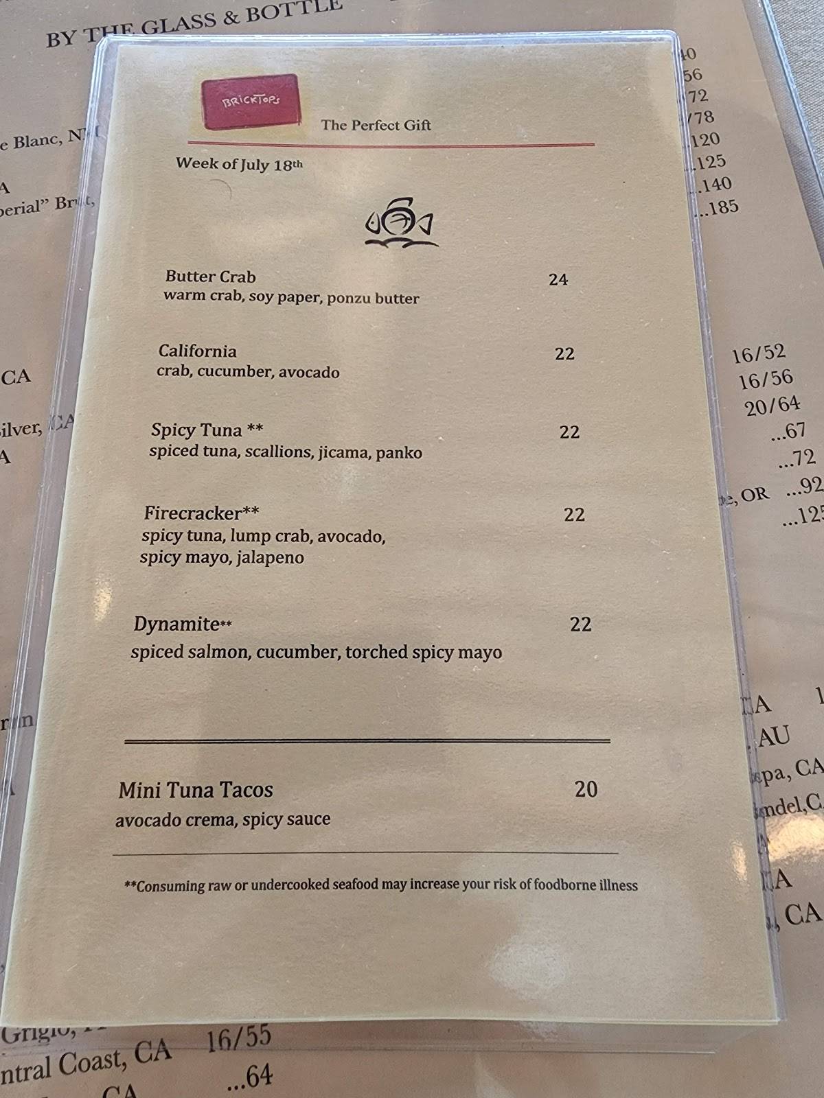 Menu at the River House restaurant, Palm Beach Gardens, PGA Boulevard