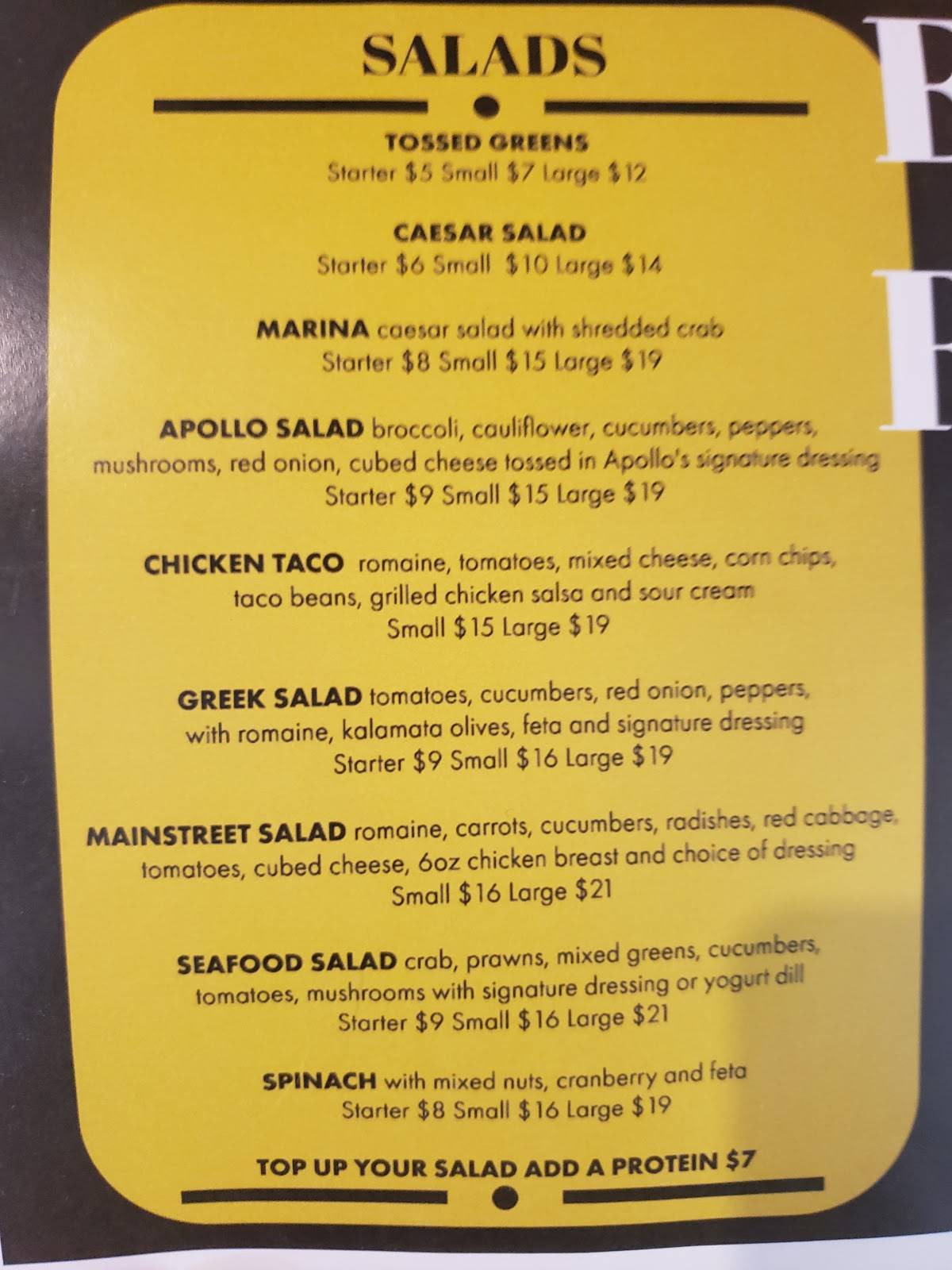 Menu at Apollo Pizza restaurant, Westlock