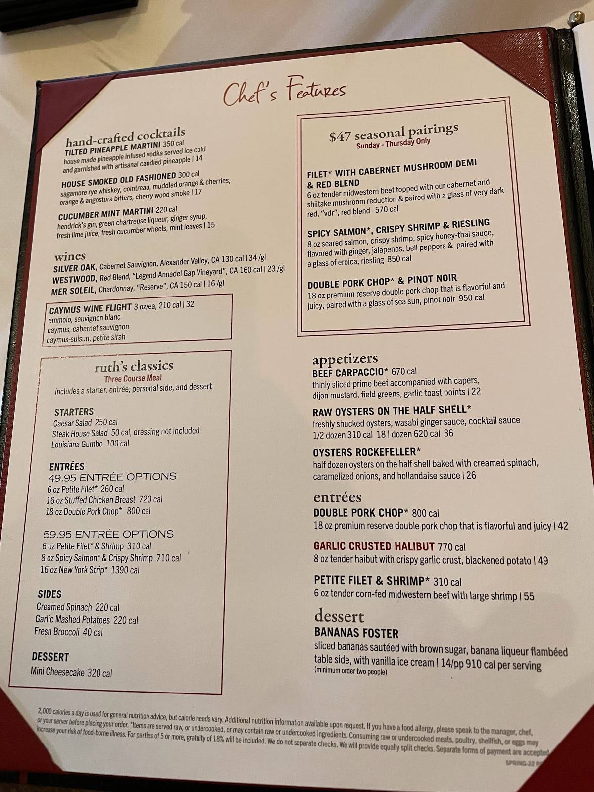 Menu at Ruth's Chris Steak House steakhouse, Atlantic City