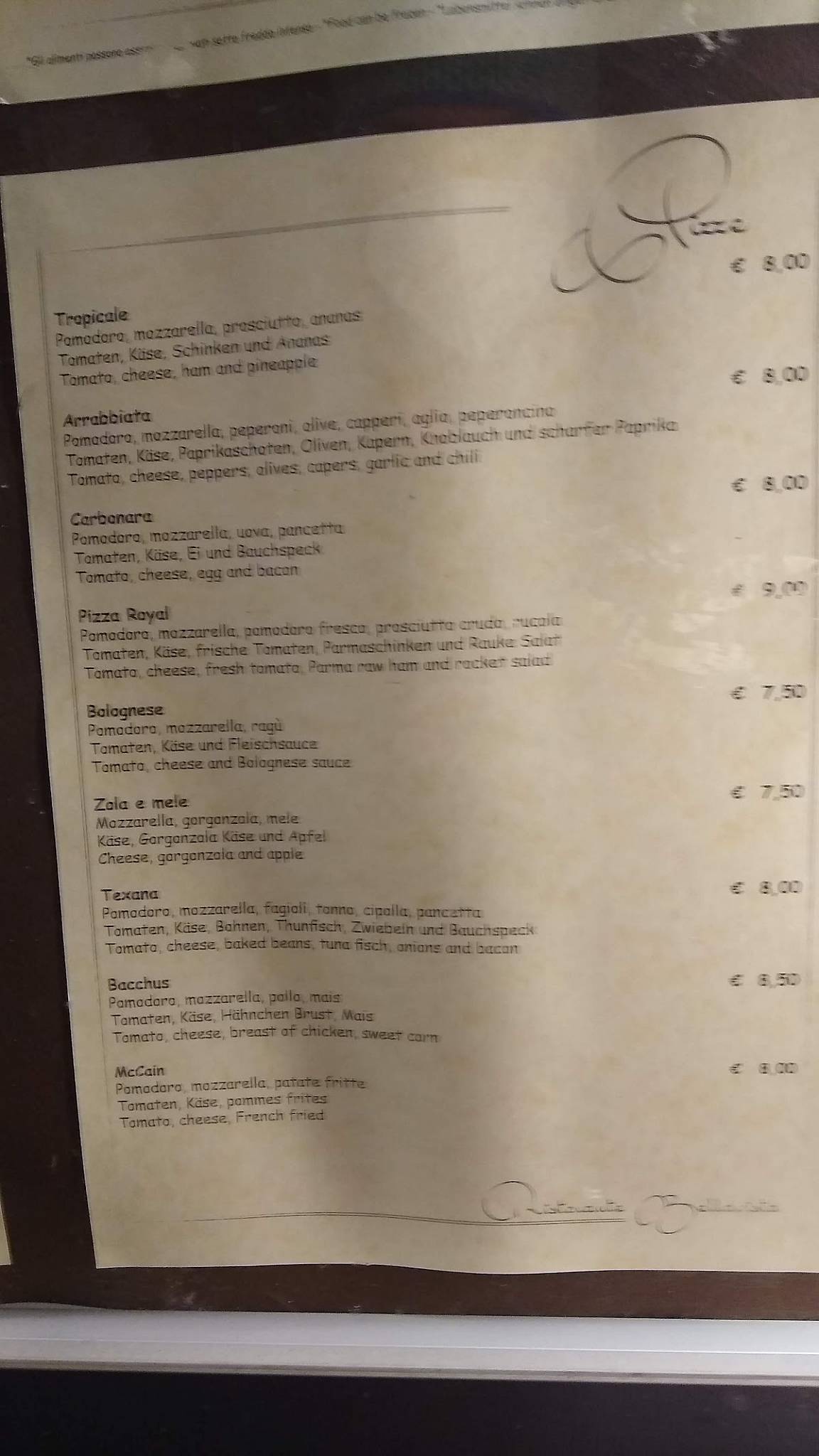 Menu at Bellavista restaurant, Livigno
