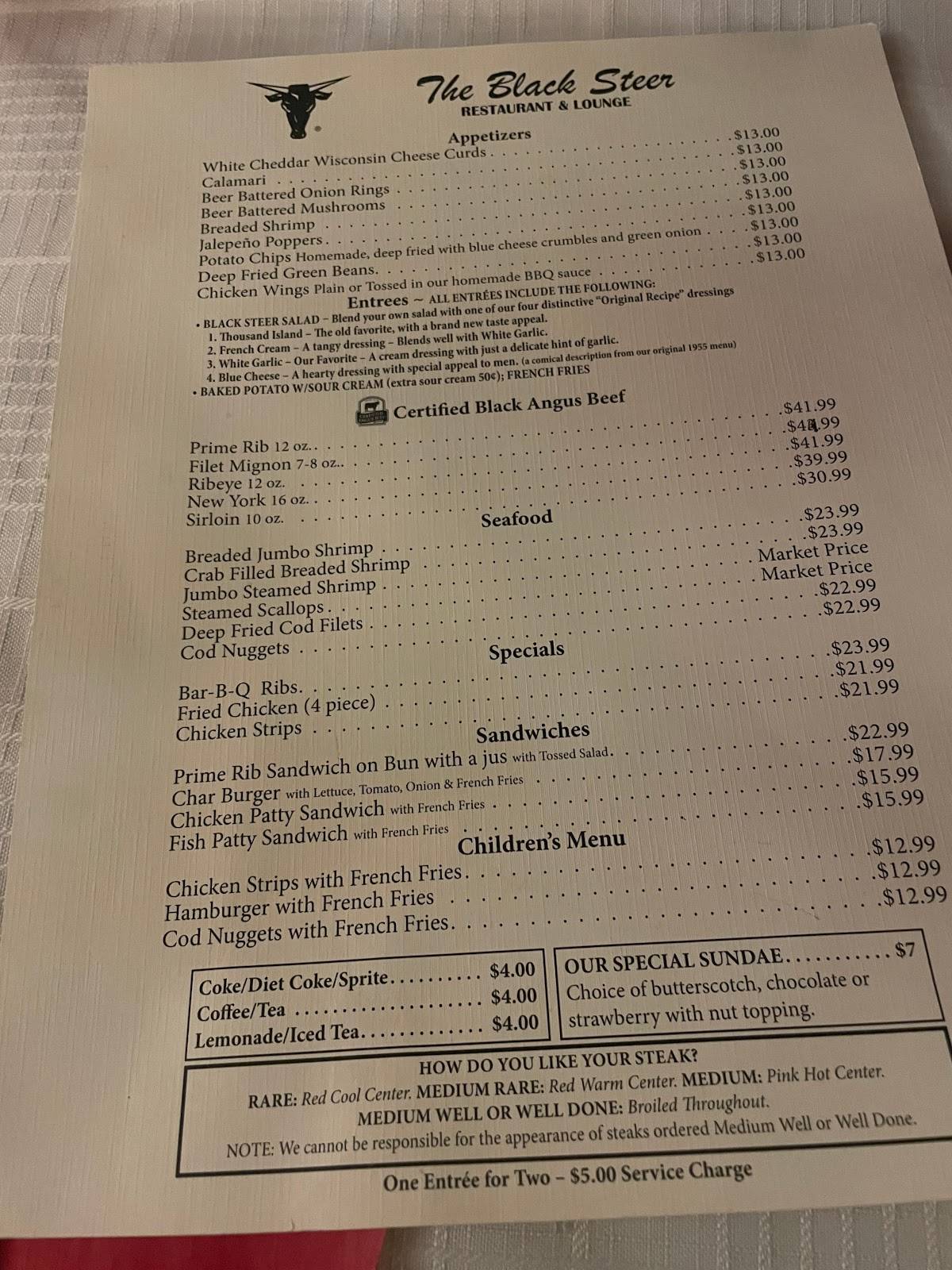 Menu at Black Steer Restaurant, Yankton