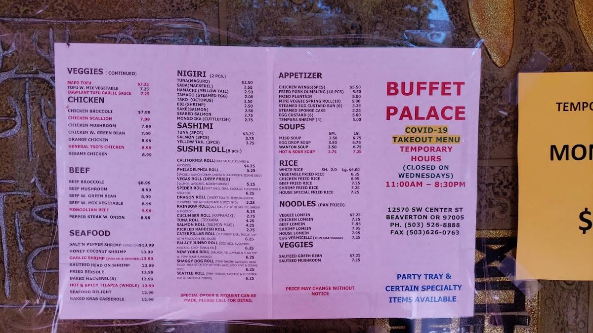 Menu at Buffet Palace restaurant, Beaverton