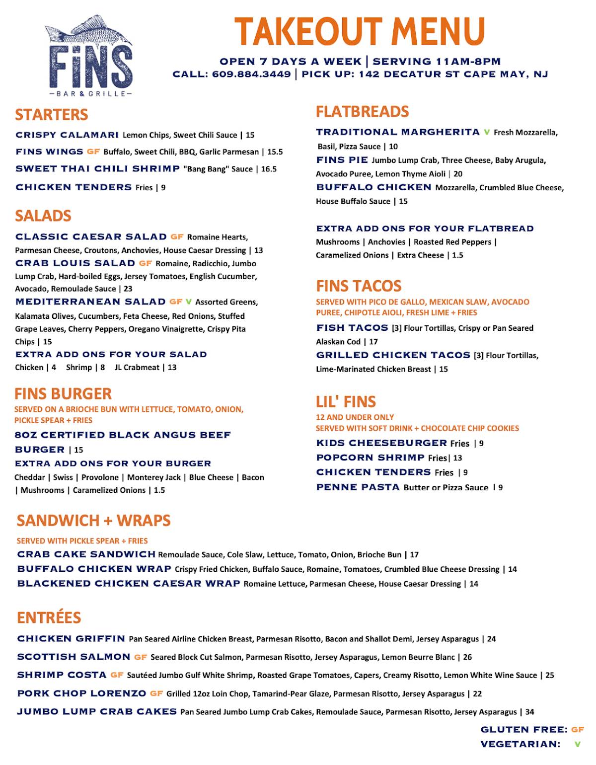 Menu at Fins Bar & Grille, Cape May, 142 Decatur St