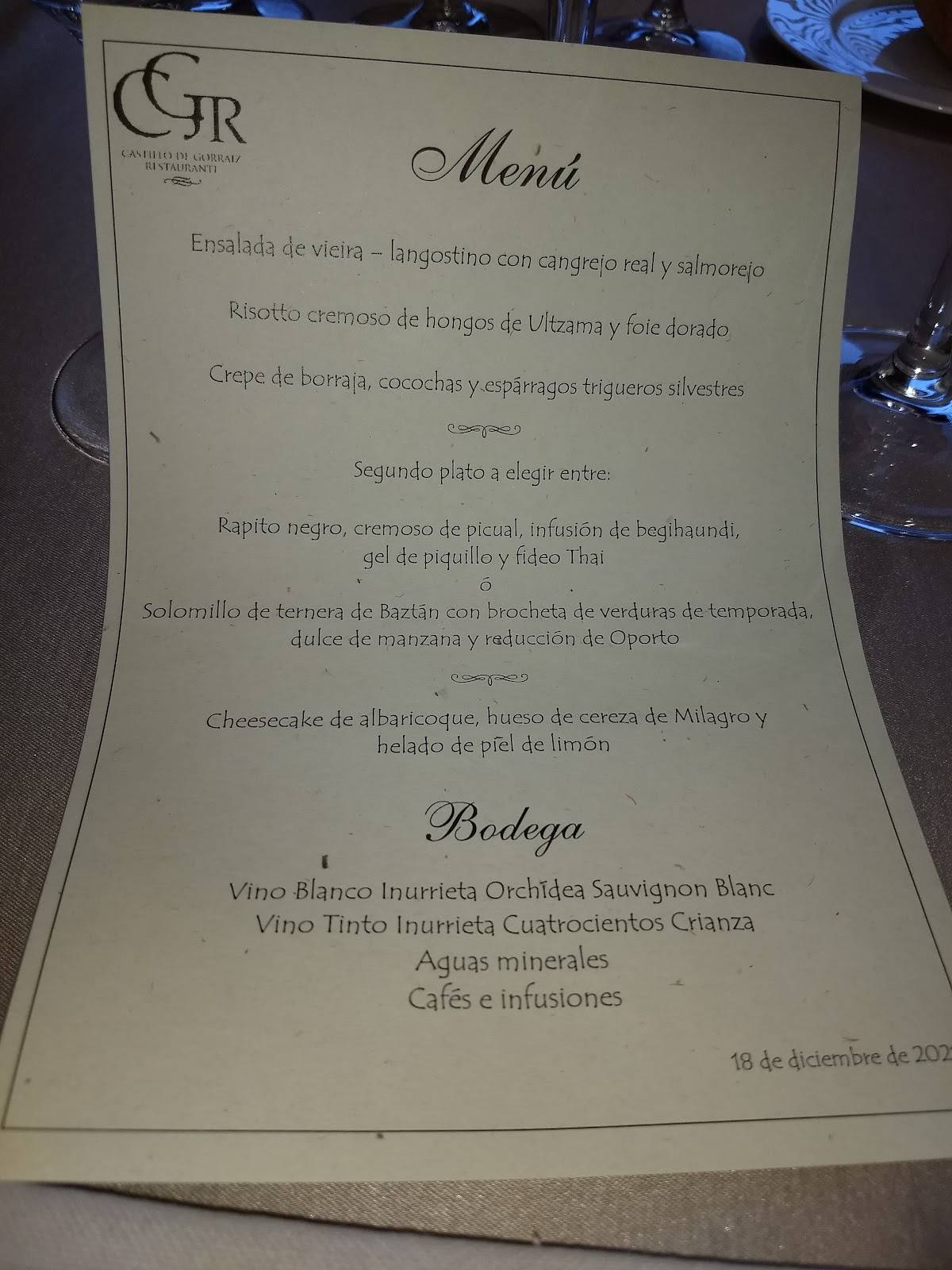 Carta de Restaurante Castillo de Gorraiz, Gorráiz