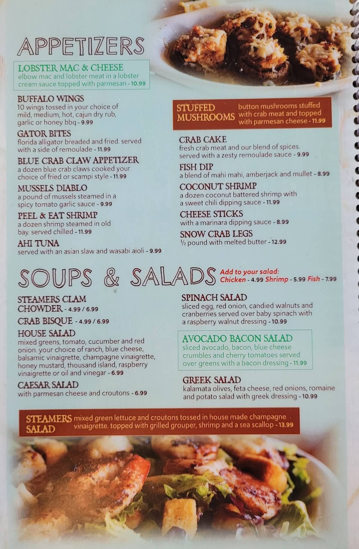 Menu at Steamers restaurant, Cedar Key, 420 Dock St