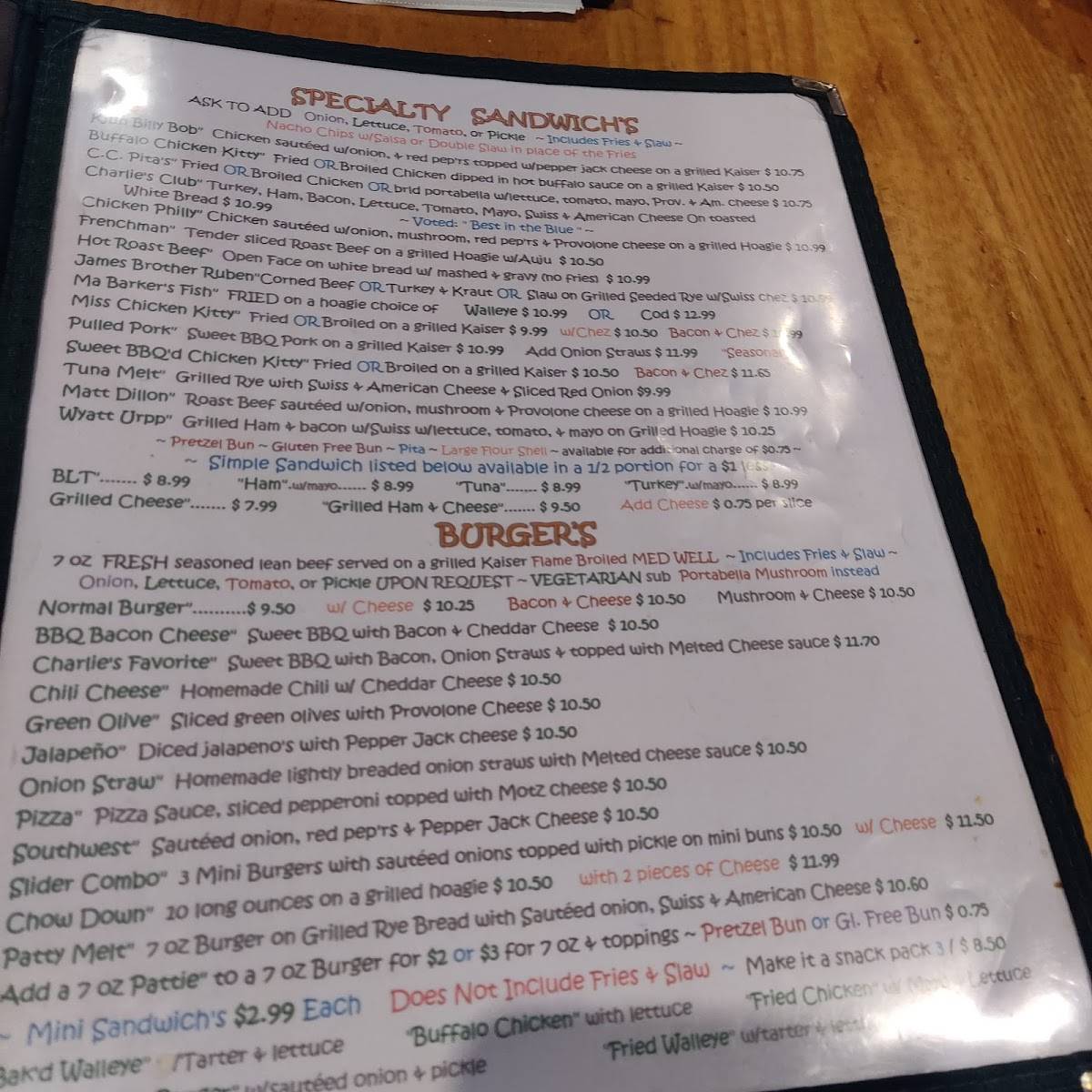 Menu at Cheap Charlie's steakhouse, Fort Gratiot Township