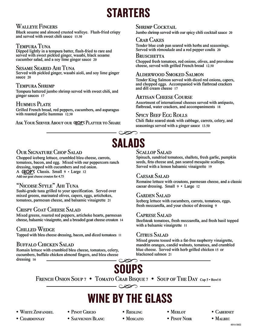 Menu at Chop's Steak & Seafood steakhouse, Fort Wayne