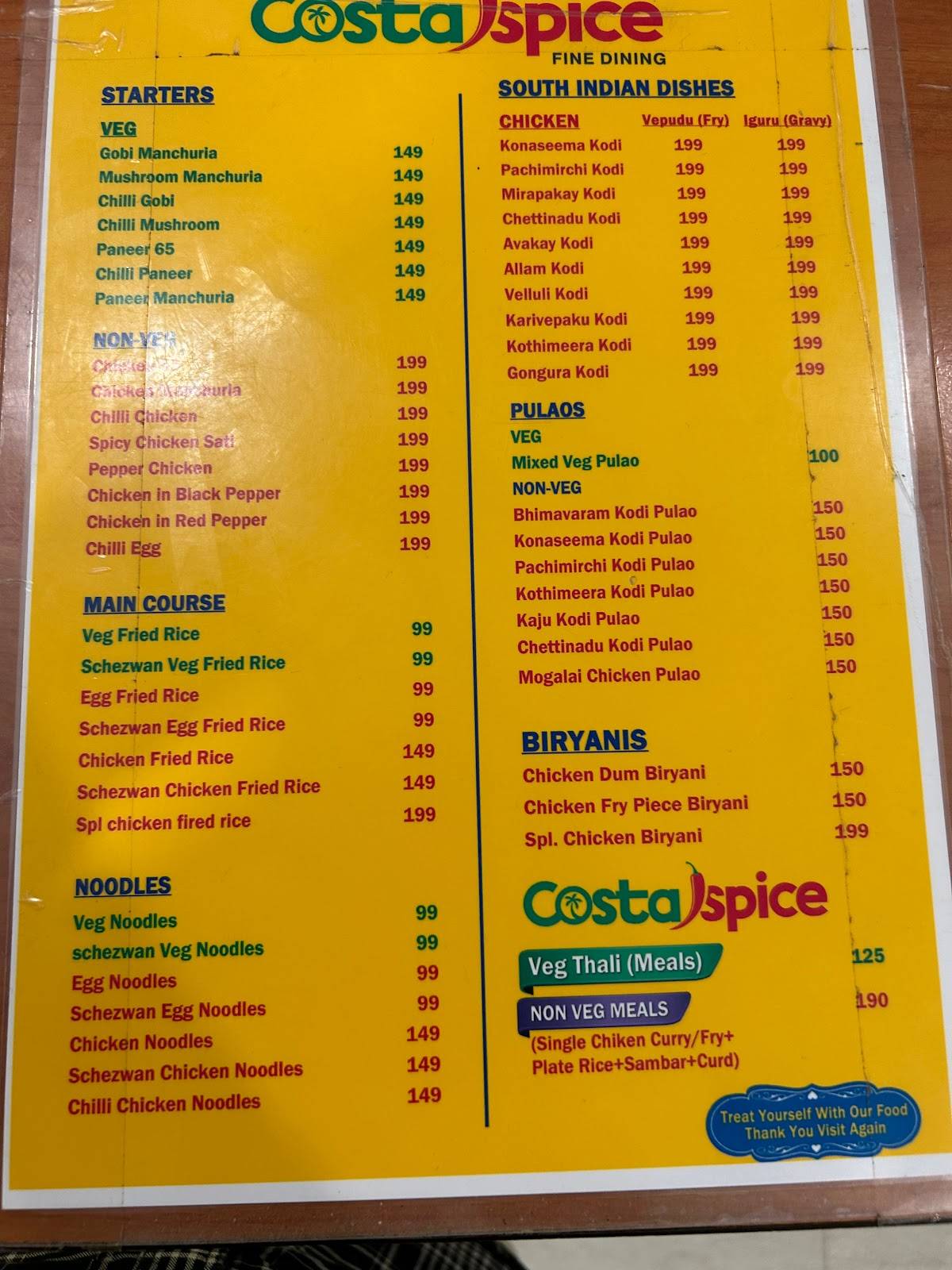 Menu At Costa Spice Hyderabad