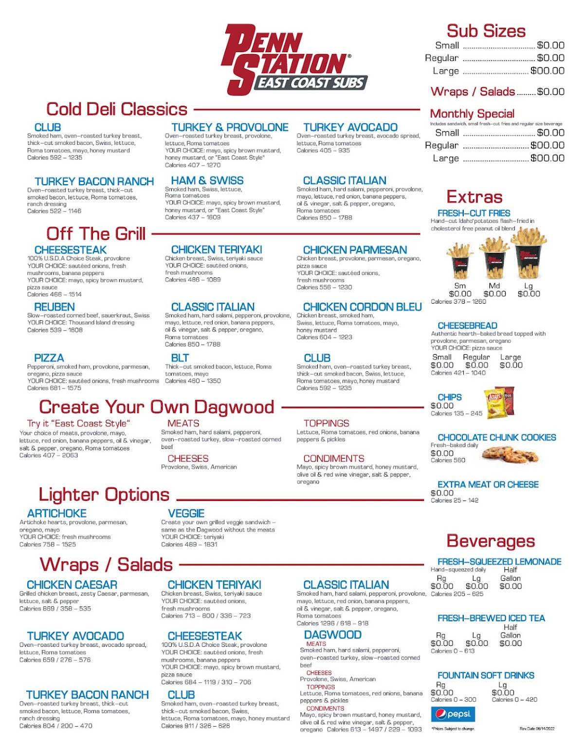 Menu at Penn Station East Coast Subs, Dallas