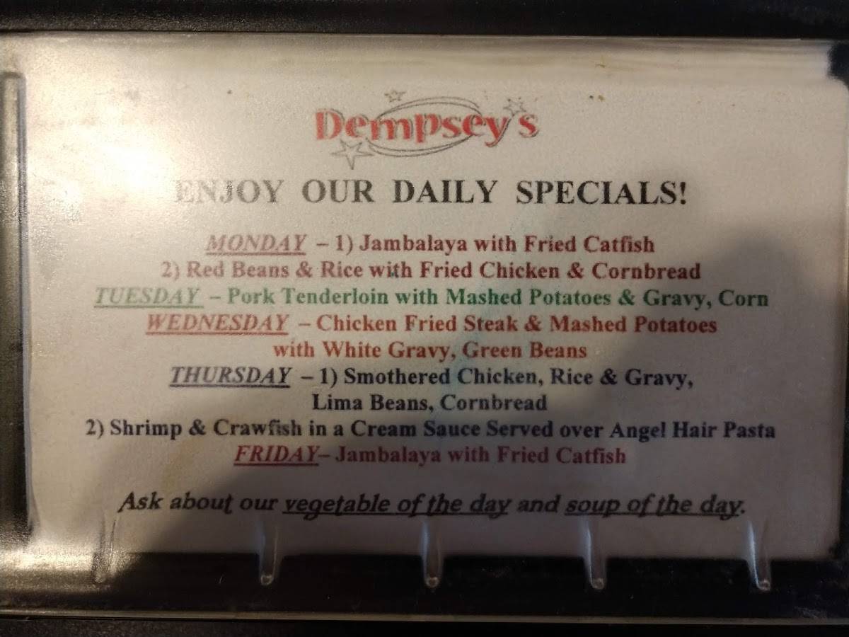 Menu at Dempsey's Poboys restaurant, Baton Rouge, Coursey Blvd