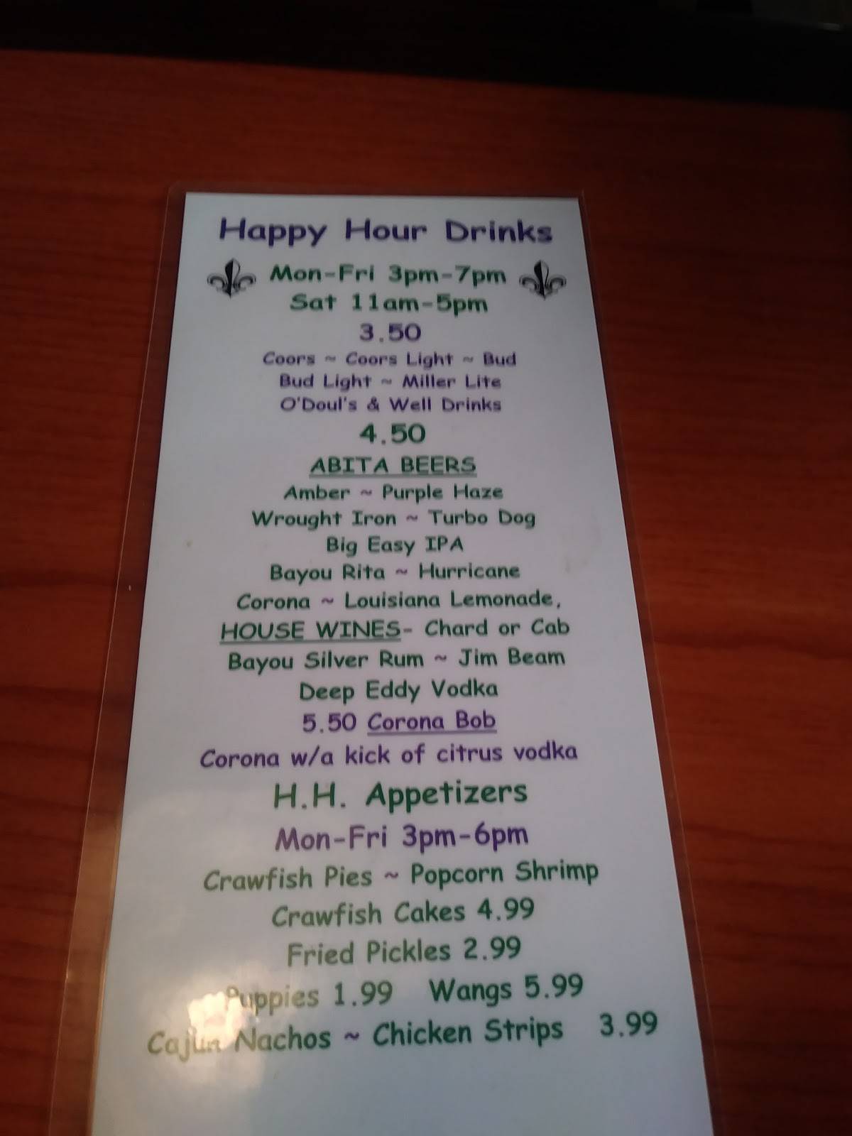 Menu at Bayou Bob's pub & bar, Denver