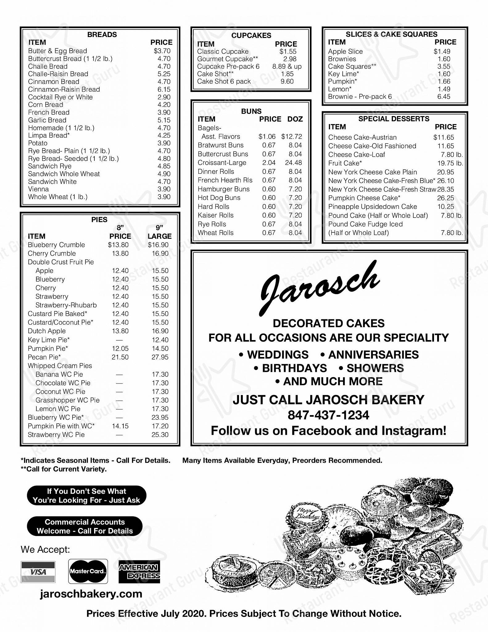 Menu at Jarosch Bakery, Elk Grove Village